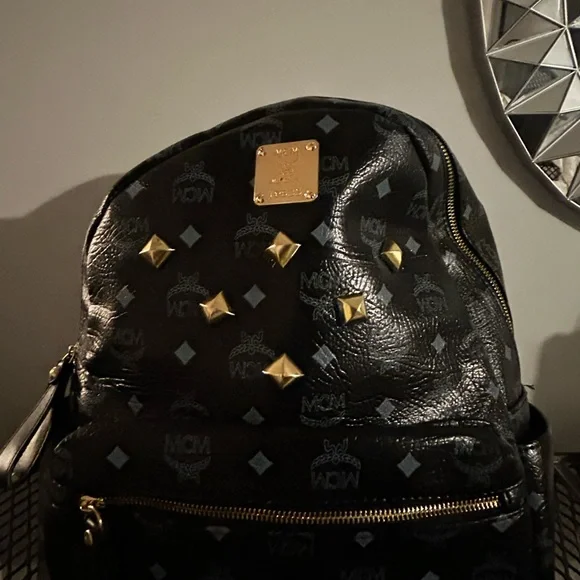 MCM Black and Gold Monogram Backpack Vintage MCM Black Backpack With Golden Studded Logo Motifs  main image 3